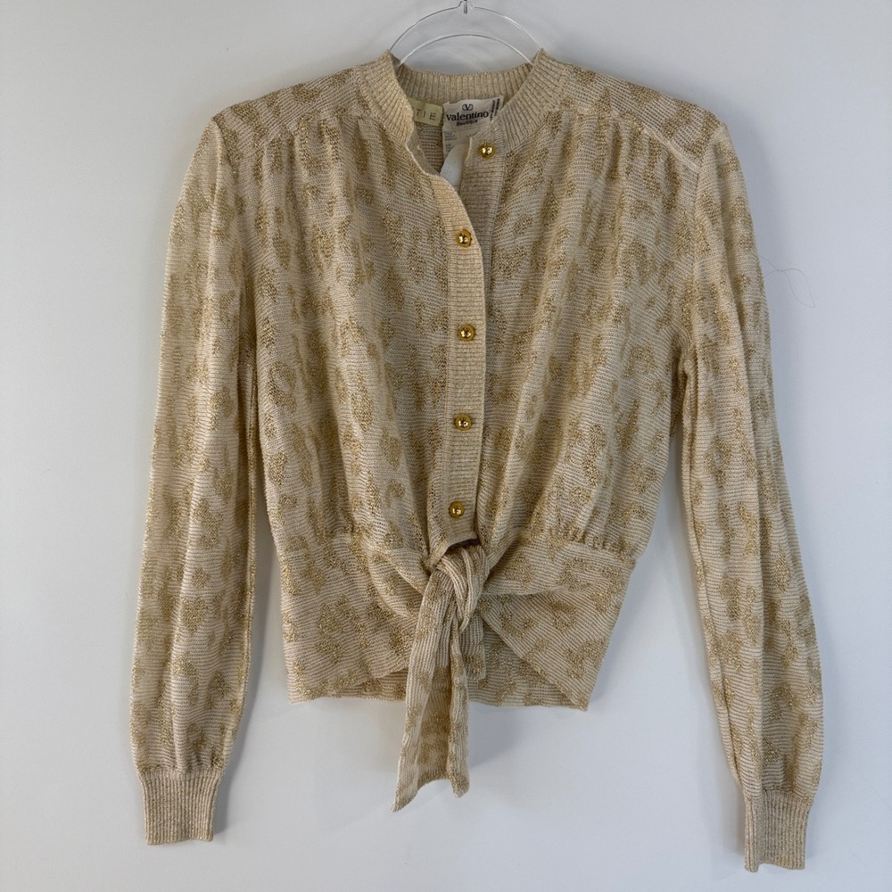 Valentino Boutique Cardigan Vintage 80s Womens XS Gold Metallic Tie Front